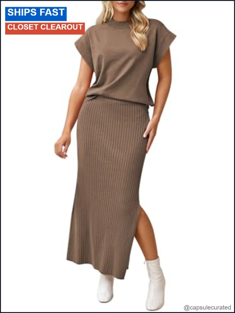 Pink Queen Women's 2 Piece Sweater Set Cap Sleeve Top Bodycon Maxi Skirt Knit